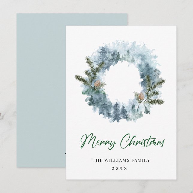 Julgran med bär och krans julhälsning julkort (Fram/baksida)