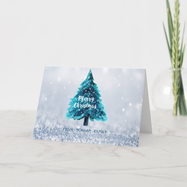 Julgran med blå bokeh helgkort (Framsida)