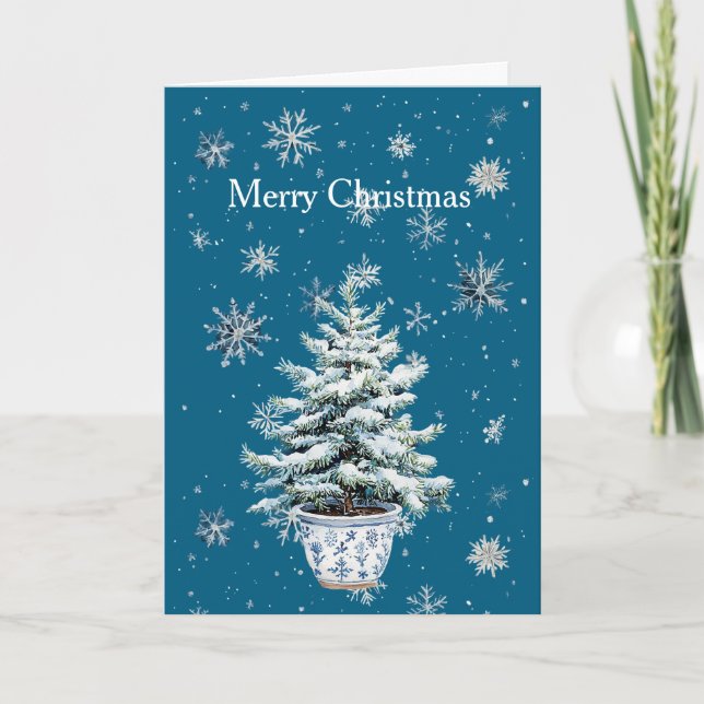 Julgran med blå silver snöflingor kort (Framsida)