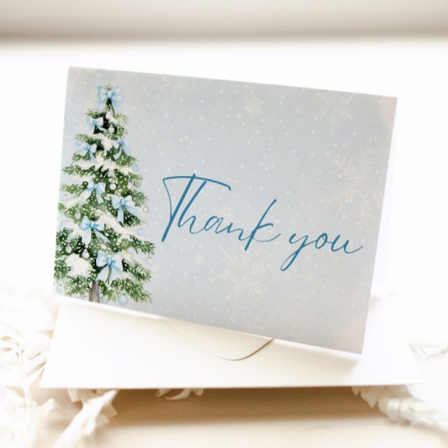 Julgran med blåa slingor vinter tackkort (Blue Bows Christmas Tree Winter Thank you card)