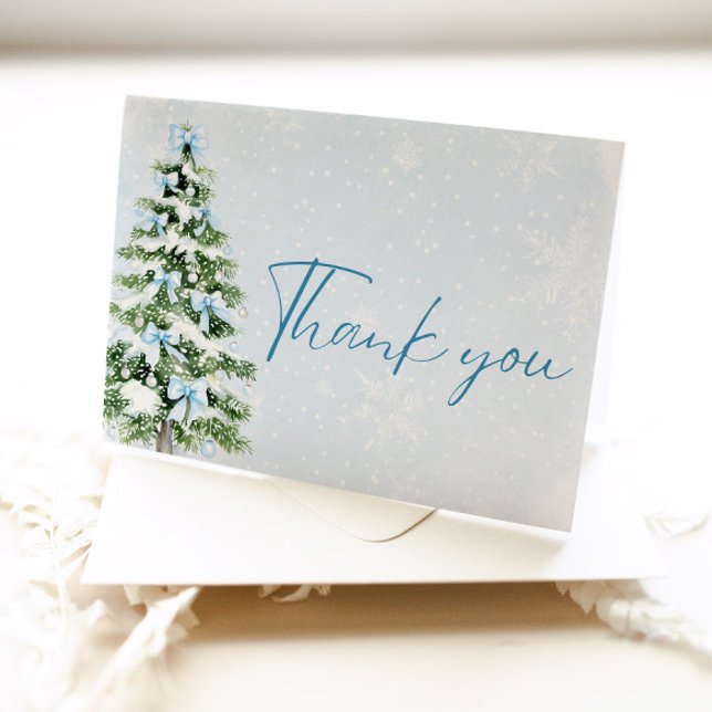 Julgran med blåa slingor vinter tackkort (Blue Bows Christmas Tree Winter Thank you card)