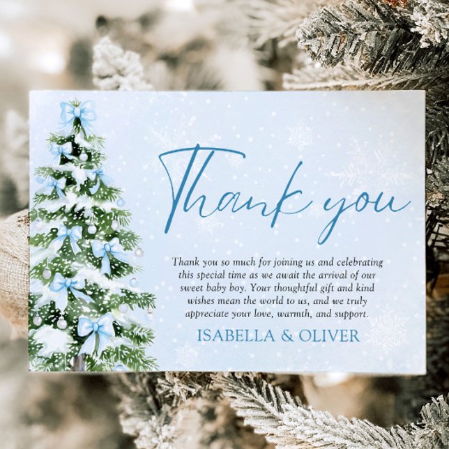 Julgran med blåa slingor vinter tackkort inbjudningar (Blue Bows Christmas Tree Winter Thank you card)