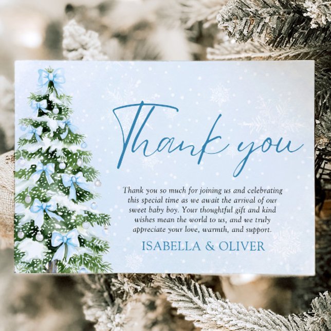 Julgran med blåa slingor vinter tackkort tack kort (Blue Bows Christmas Tree Winter Thank you card)