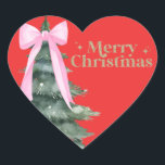 Julgran med Bow Hjärtformat Klistermärke<br><div class="desc">Juldetiketter med Julgran och rosa julfest. God jul!</div>