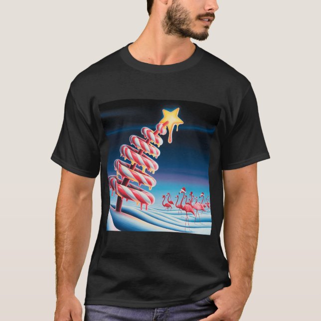 Julgran med flamingos och godisstavar t shirt (Framsida)