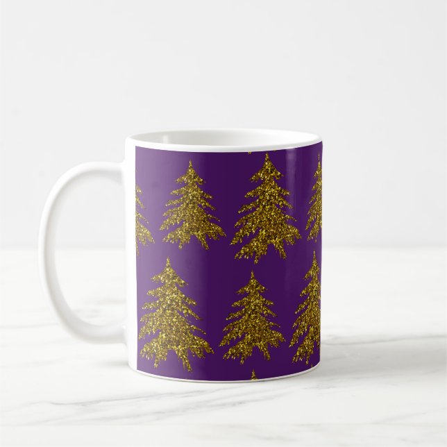 Julgran med guldglitter på lila bakgrund  kaffemugg (Vänster)