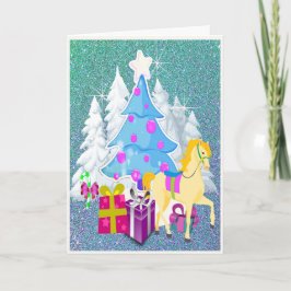 Julgran med häst och gåvor FAUX Glitter Helgkort