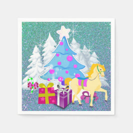 Julgran med häst och gåvor FAUX Glitter Pappersservett