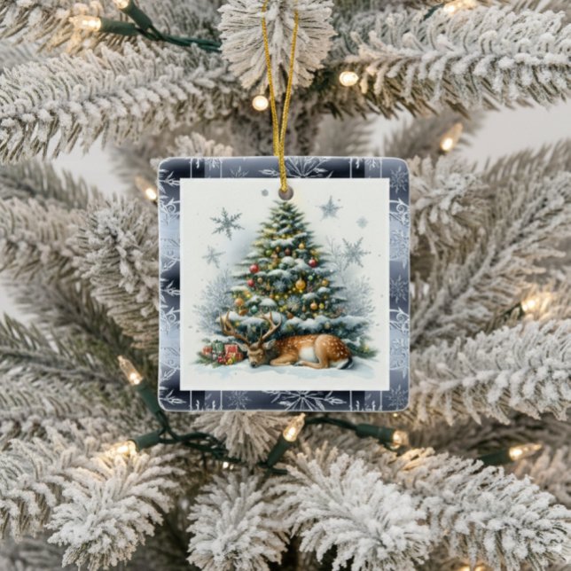 Julgran med hjort   julgransprydnad keramik (Nature created ornament with deer sleeping under Christmas tree.)