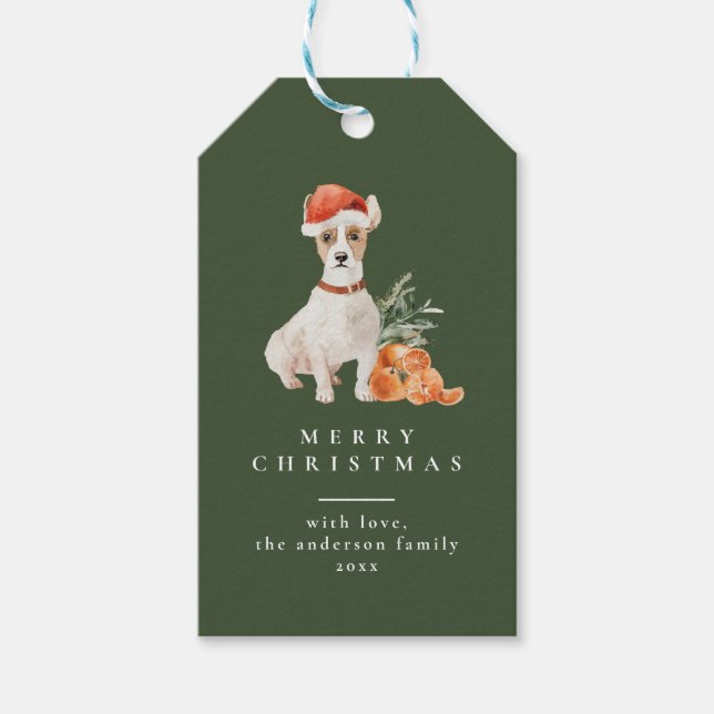 Julgran med Hund Typography Grönt Gift-Märkre Presentetikett (Framsidan)