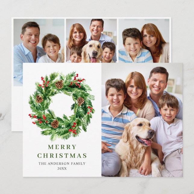 Julgran med järnekar och kottar julkrans 4 FOTO Julkort (Fram/baksida)