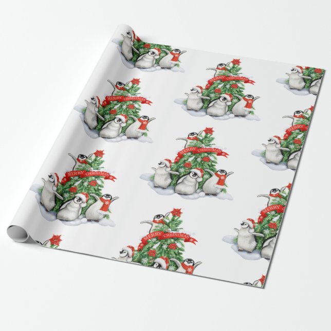 Julgran med jultomten Penguins jul Presentpapper (Utrullad)