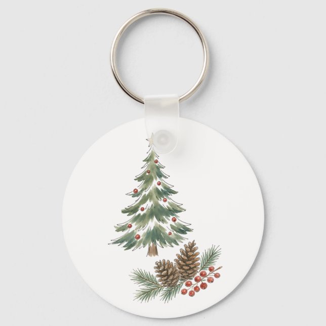 Julgran med kottar och röda bär Vatten Nyckelring (Framsida)