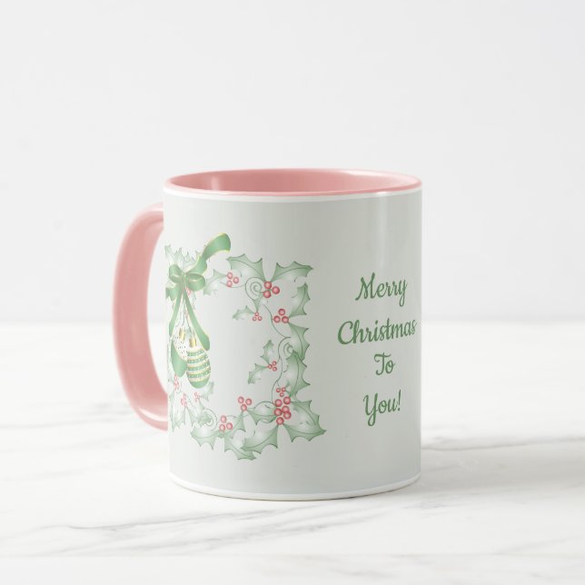 Julgran med ljust gröna och rosa kvistar mugg (Framsida vänster)