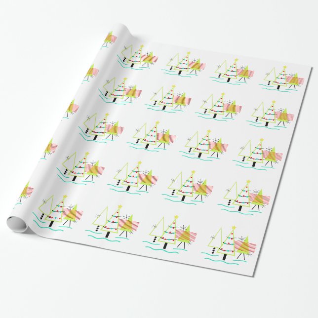 julgran med modern retrodesign från mitten av 1900 presentpapper (Utrullad)