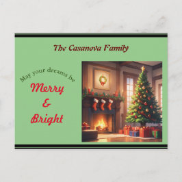 Julgran med presenter och en eldstad helg vykort