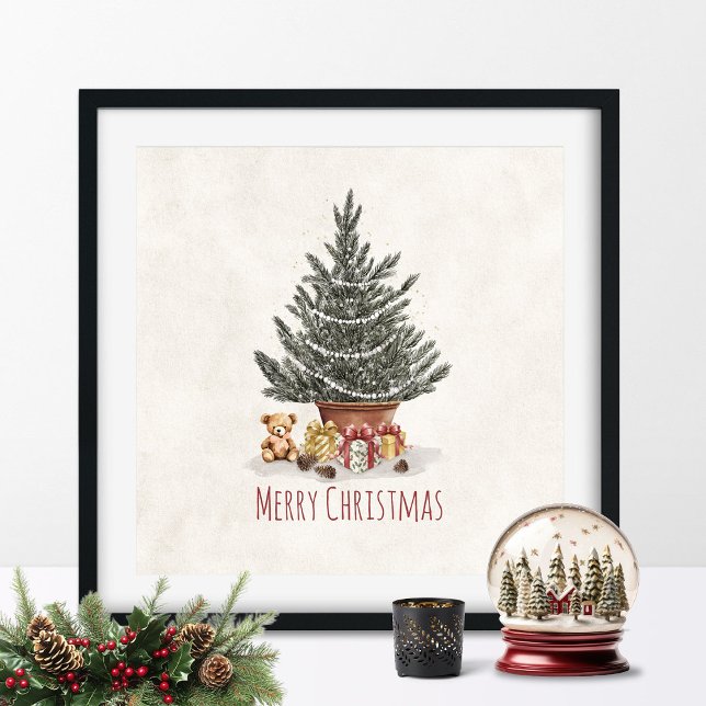 Julgran med presenter och nallebjörn tryck (Christmas Tree Wall Art)