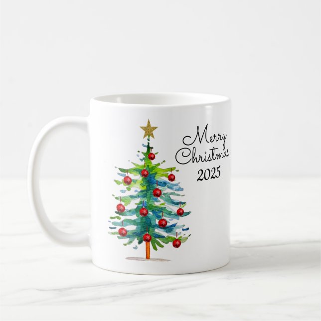 Julgran med röda dekorationer kaffemugg (Vänster)