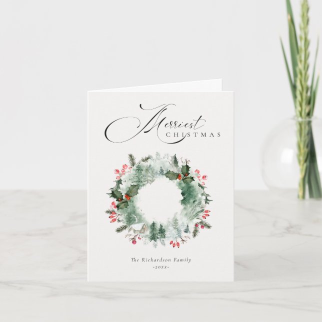 Julgran med röda julholmar krans helgkort (Framsida)