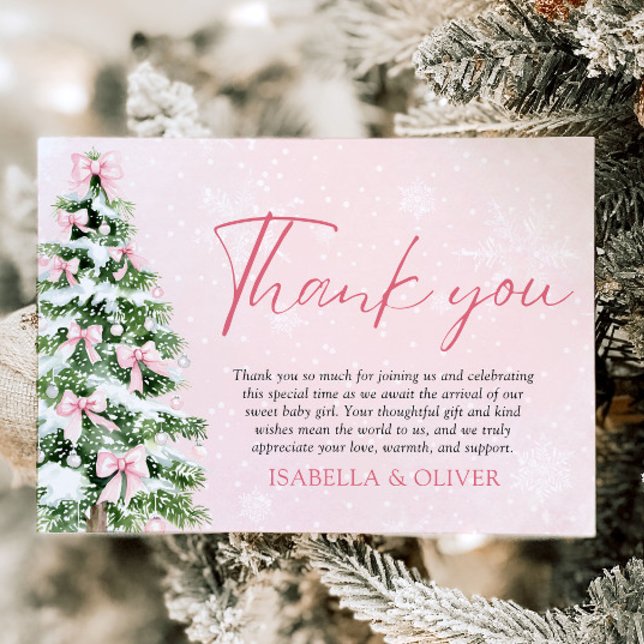 Julgran med rosa band jul kort för tack (Pink Bows Christmas Tree Winter Thank you card)