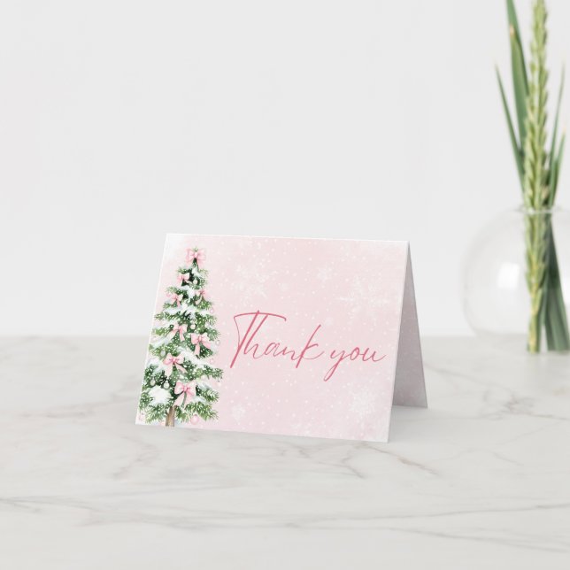 Julgran med rosa band jul tackkort (Framsida)