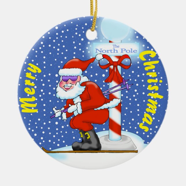 Julgran med skidåkande tomte julgransprydnad keramik (Framsidan)