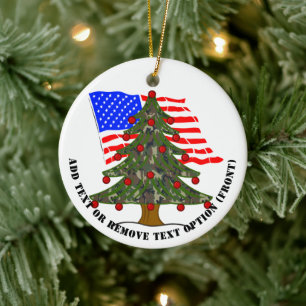 Julgran med skogskamouflage och amerikansk flagga julgransprydnad keramik