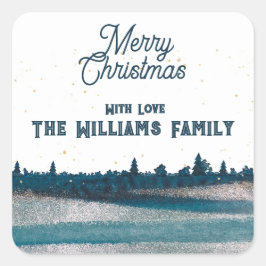 Julgran med Snö God jul Fyrkantigt Klistermärke