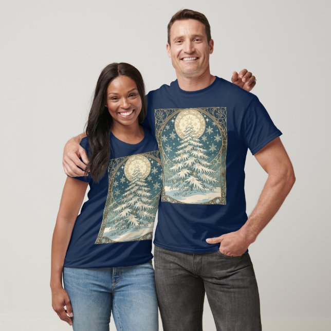 Julgran med snö och stjärnformade  t shirt (Unisex)