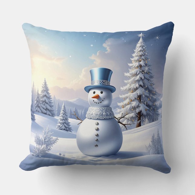 Julgran med snöman i blå hatt kudde (Framsida)