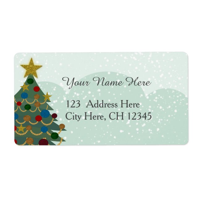 Julgran med stjärna, lökar och snö fraktsedel (Framsidan)