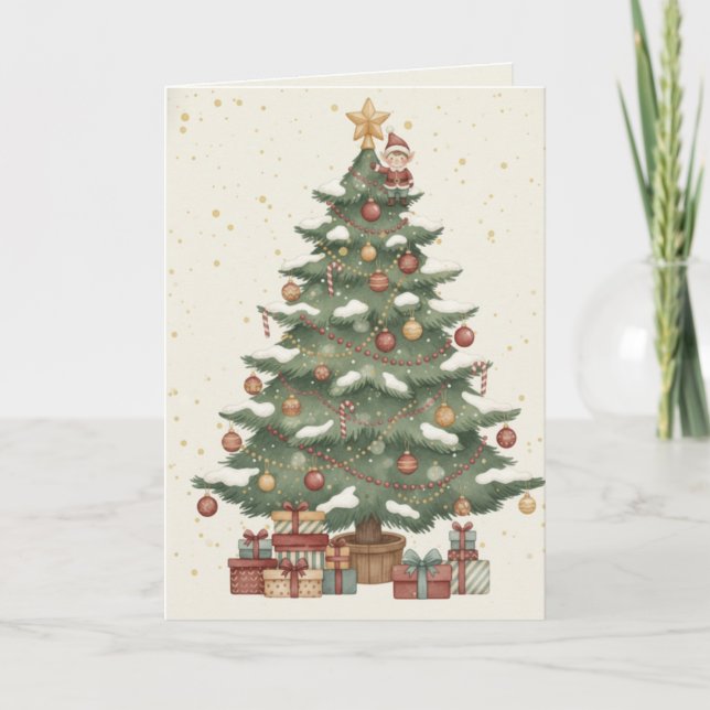 Julgran med vintagepresentkort kort (Framsida)