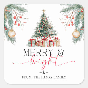 Julgran Merry och Bright Gift Märkre Stickers Fyrkantigt Klistermärke