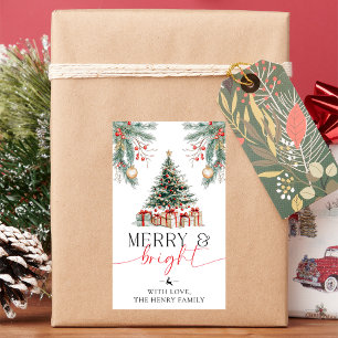 Julgran Merry och Bright Gift Märkre Stickers Rektangulärt Klistermärke