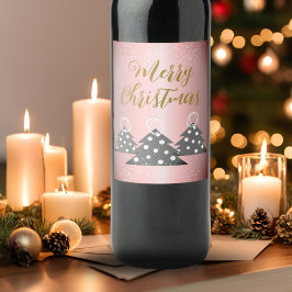 Julgran Metallic Rosa Script Helgdag Vinflaska Etikett
