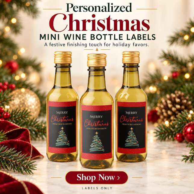 Julgran Mini Vinkransetikett Vinetikett (Personalized Mini Wine Bottle Labels for Christmas Party Favors)