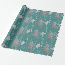 Julgran Mint Teal Silver Grått Glitter Wood Presentpapper