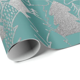 Julgran Mint Teal Silver Grått Glitter Wood Presentpapper