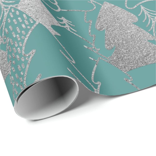Julgran Mint Teal Silver Grått Glitter Wood Presentpapper (Rullad Hörn)