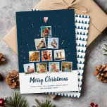 Julgran Modern Instagram Photo Collage Roligt Julkort<br><div class="desc">Modern,  trendig Instagram stil helgdag fotosamlingskort med plats för 10 kvadratfamiljers bilder formade som ett Julgran övertäckt med ett nytryckt ro guld-hjärta. Baksidan visar ett skandinaviskt minimalt träd mönster i mörkens marinblått. Ett tryckt handskrivet teckensnitt läser God jul ovanför utrymmet för ett anpassningsbar-meddelande,  namn i familjen och år.</div>