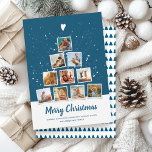 Julgran Modern Instagram Photo Collage Roligt Julkort<br><div class="desc">Modern,  trendig Instagram stil helgdag fotosamlingskort med plats för 10 kvadratfamiljers bilder formade som ett Julgran med ett viskartat hjärta. Baksidan visar en skandinavisk minimal träd mönster i retro marin blå. Ett tryckt handskrivet teckensnitt läser God jul ovanför utrymmet för ett anpassningsbar-meddelande,  namn i familjen och år.</div>