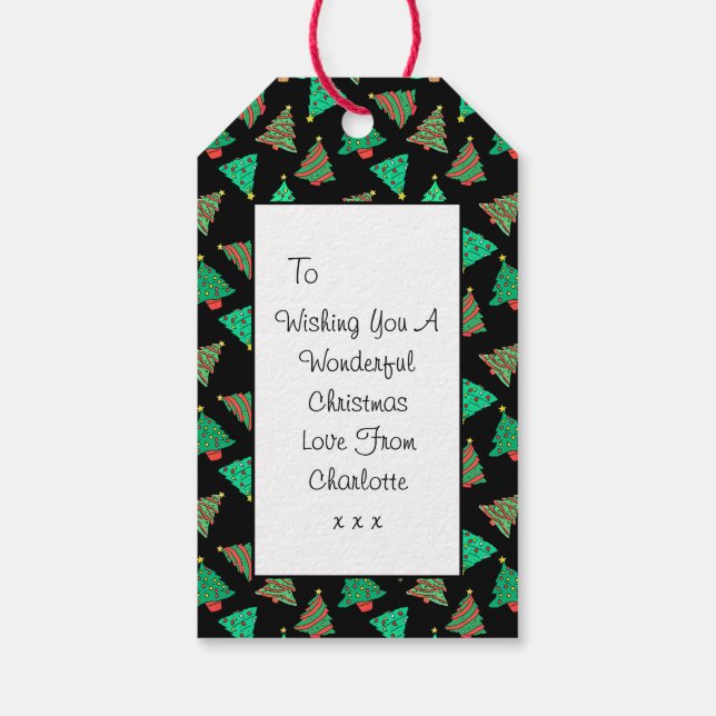 Julgran Mönster | Anpassningsbar svart Presentetikett (Baksidan)