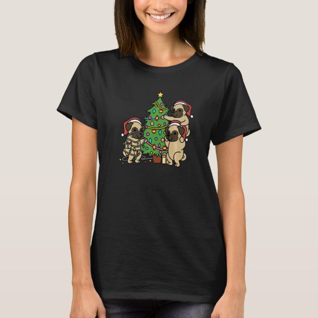 Julgran Mops Hund T Shirt (Framsida)