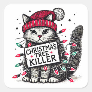 julgran mordande katt fyrkantigt klistermärke