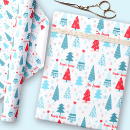 Julgran Nordic Simple Blue Red Custom Name Presentpapper