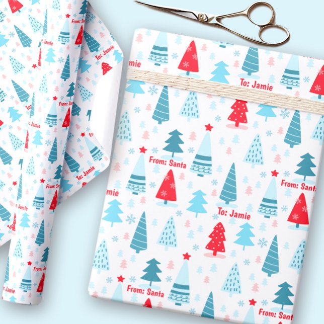Julgran Nordic Simple Blue Red Custom Name Presentpapper (Christmas Tree Nordic Simple Blue Red Custom Name Wrapping Paper)
