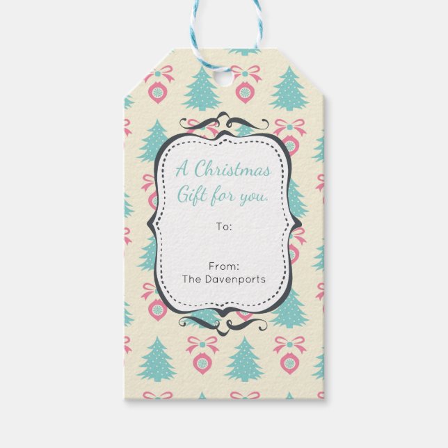Julgran och Bauble Mönster Pastel Färg Presentetikett (Framsidan)