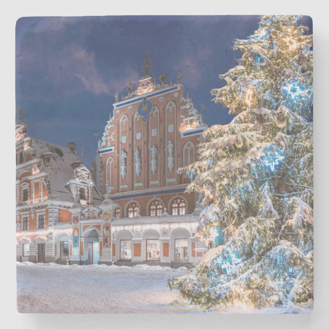 Julgran och Blackhead house i Riga Stenunderlägg (Framsidan)