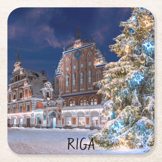 Julgran och Blackhead house på Riga Square Underlägg Papper Kvadrat (Framsidan)