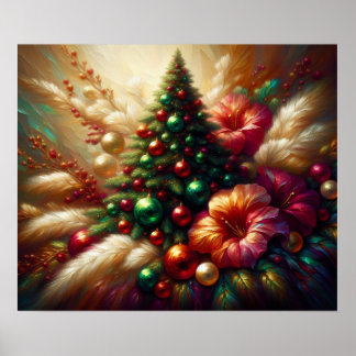 Julgran och blommor på en vacker vägg poster